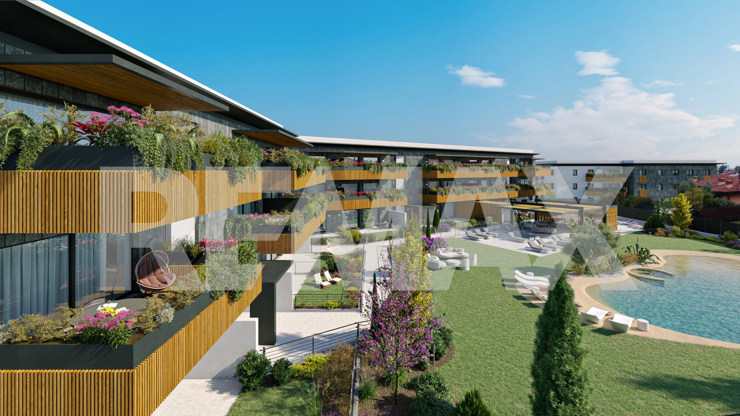 Render del residence HOASI: terrazze verdi, giardini e piscina
